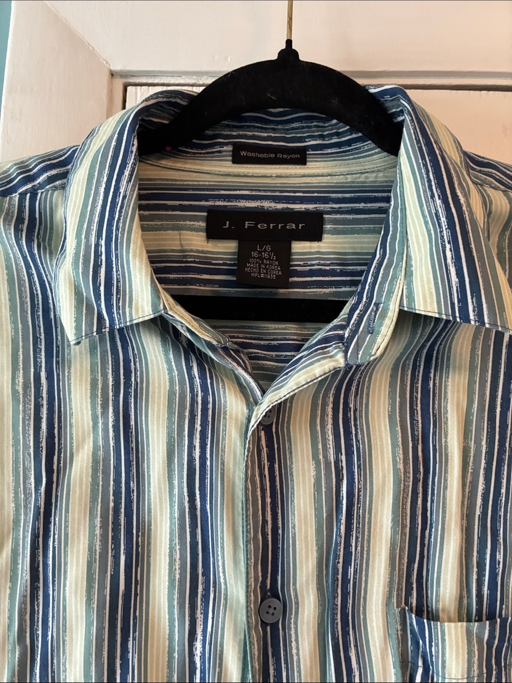 jf j.ferrar Men's Blue & Green Striped Rayon Button-Down Shirt
